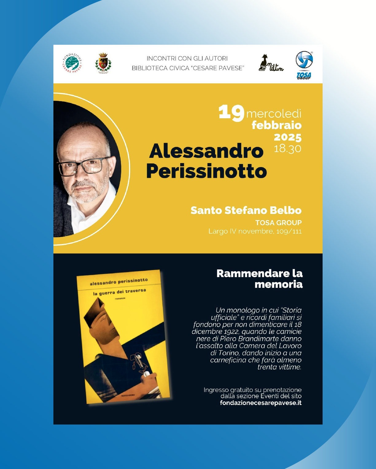 "Rammendare la memoria": Alessandro Perissinotto ospite di Tosa Group